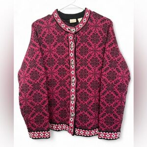 L.L. Bean Vintage Nordic Snowflake Cotton Cardigan Large Pink Black Cabin Winter